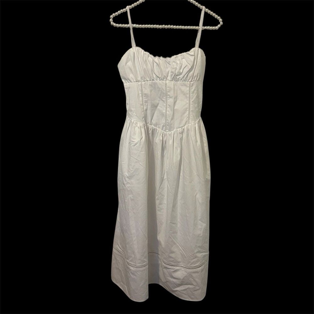 White Cotton Midi Sundress Small XS Smocked Babydoll Corset Boho Cottage Fairy